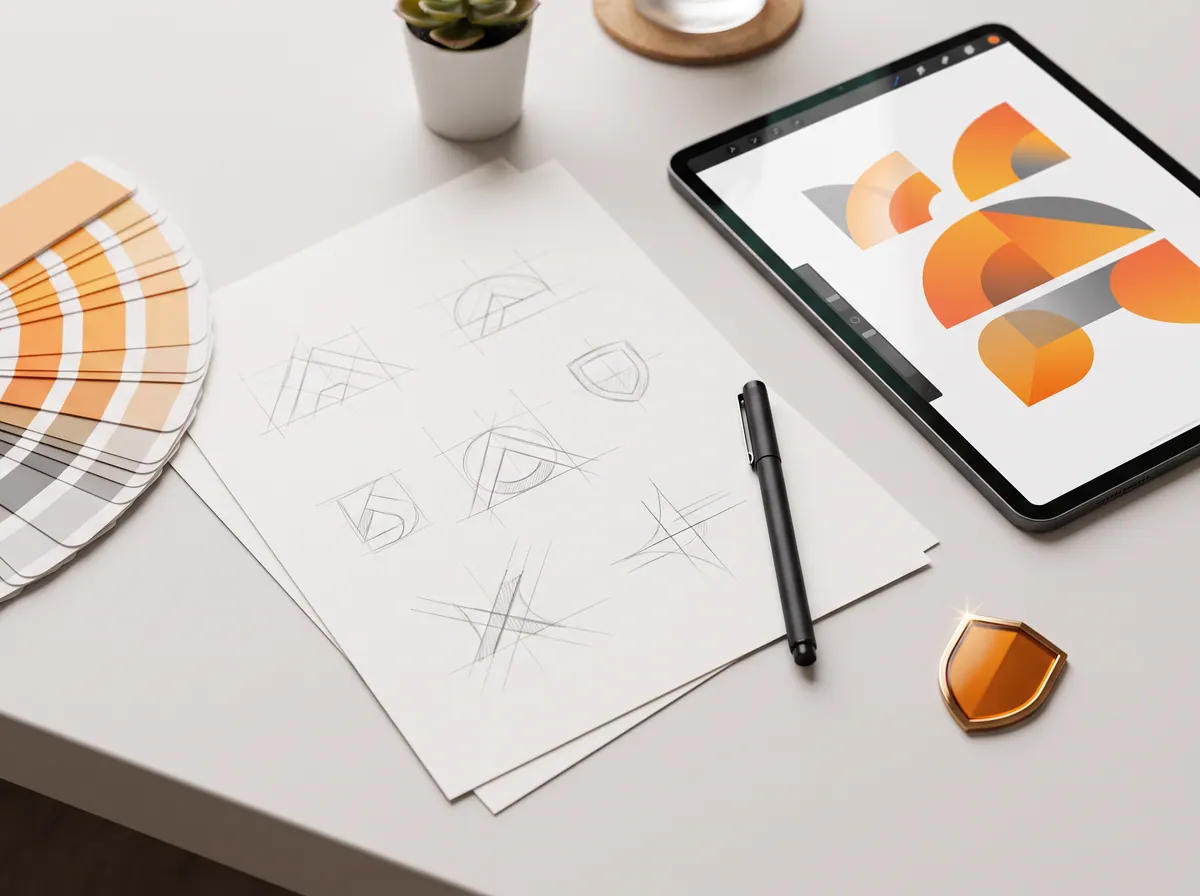 Masada logo taslakları, renk kartelası, tablette şekiller ve küçük bir kalkan rozeti