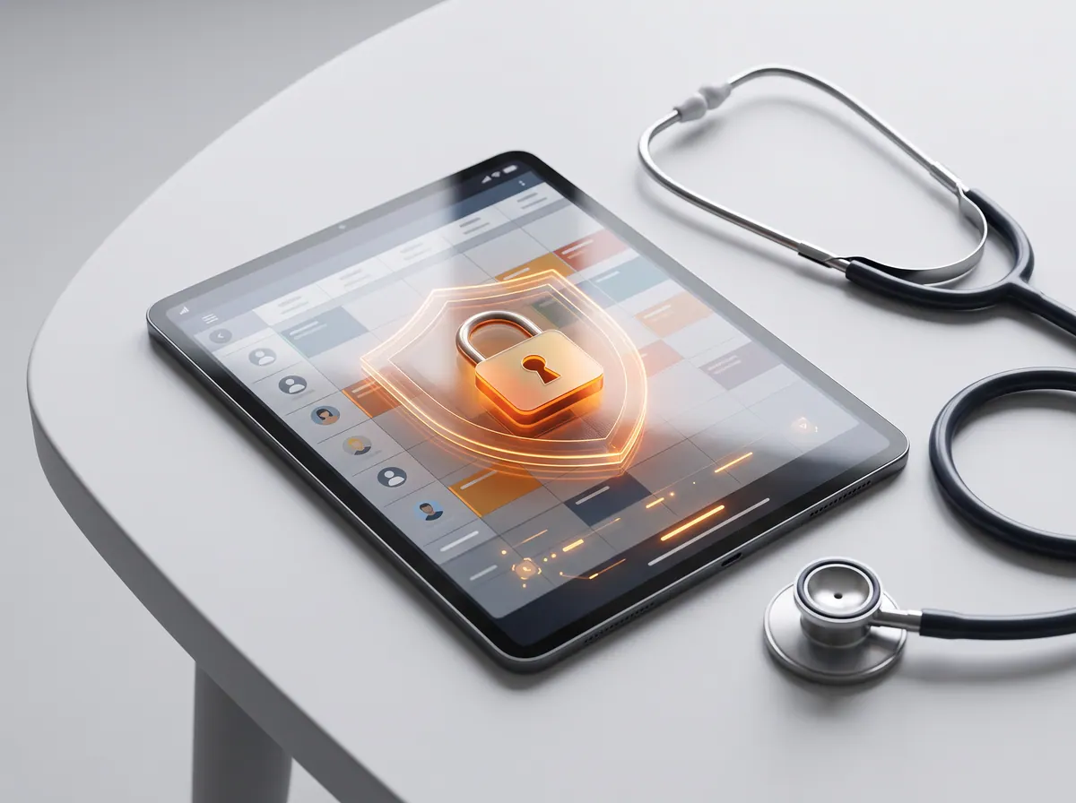Randevu takvimi gösteren tablet üzerinde kalkan ve kilit, yanında steteskop