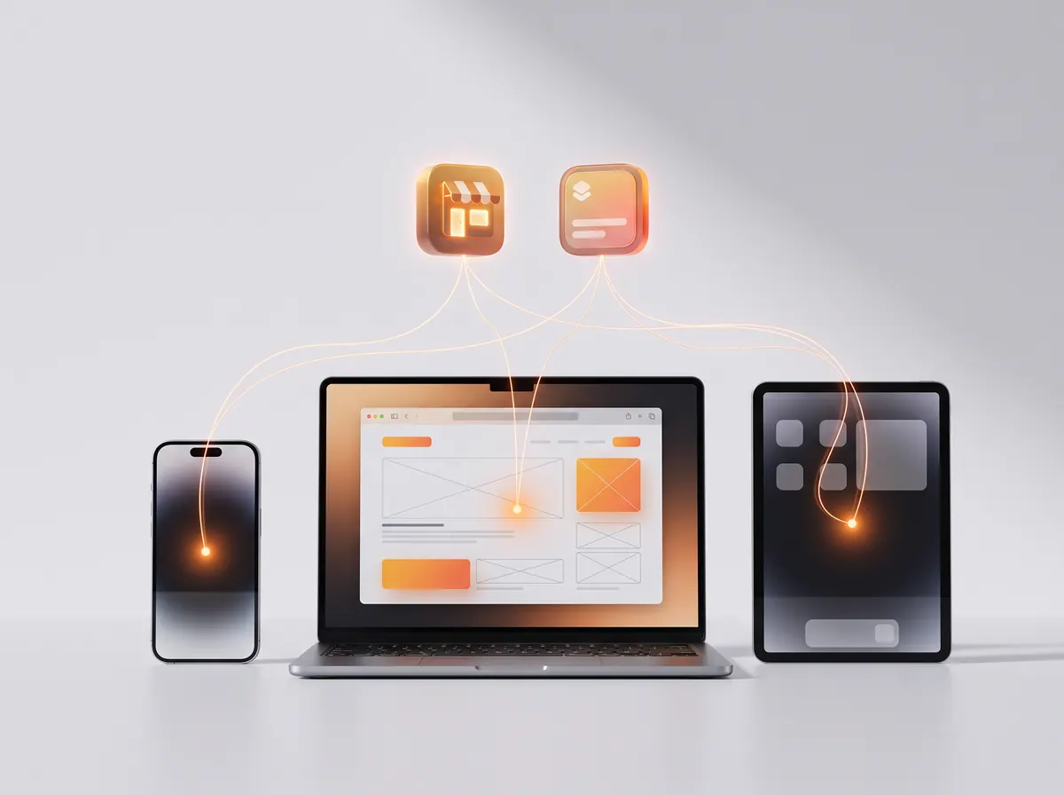 Telefon, dizüstü bilgisayar ve tablet; üstlerinde uygulama mağazası ve ana ekran simgeleri