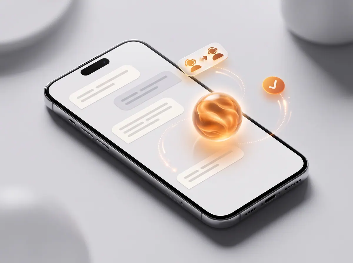 Sohbet balonları gösteren telefon, yapay zekâ küresi ve insana devir simgesi