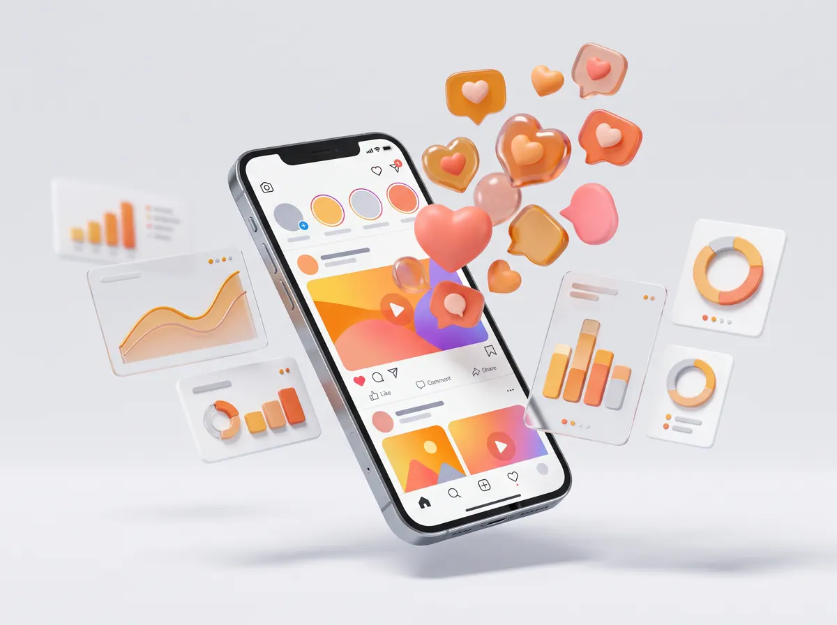 Sosyal medya akışı gösteren telefon, çevresinde beğeni baloncukları ve analitik kartları