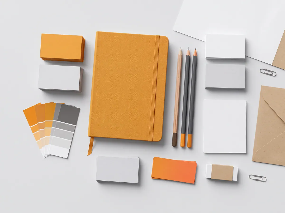 Kartvizit, renk kartelası, defter ve kalemlerden oluşan kurumsal kimlik çalışması