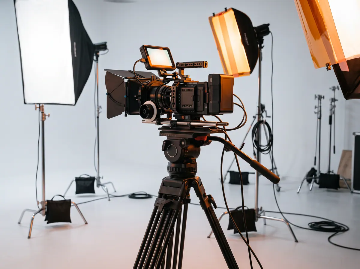 Stüdyoda sinema kamerası ve softbox ışıklar