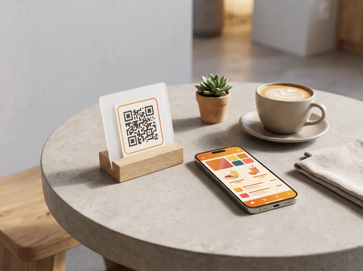 Kafe masasında QR kod standı ve dijital menü gösteren telefon