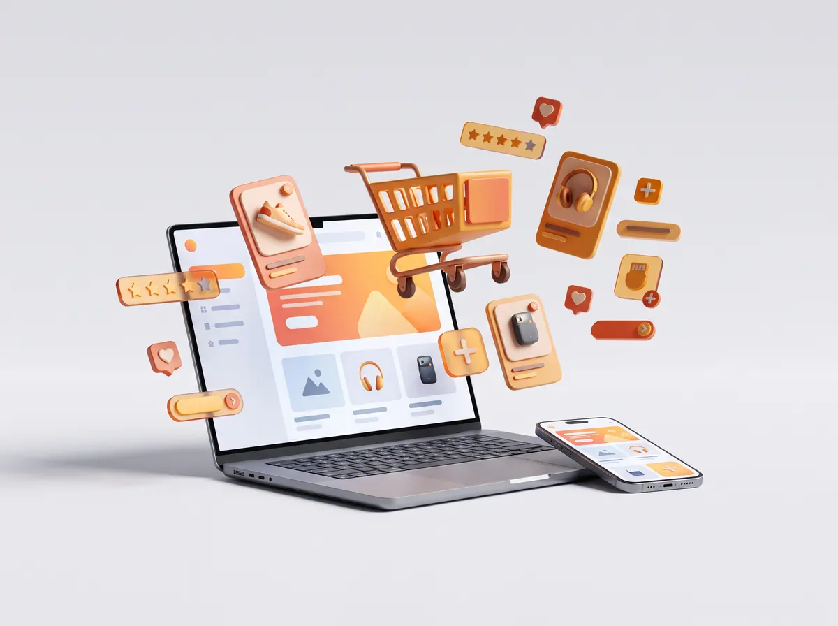 E-ticaret sitesi gösteren dizüstü bilgisayar ve telefon, çevresinde alışveriş sepeti ve ürün kartları